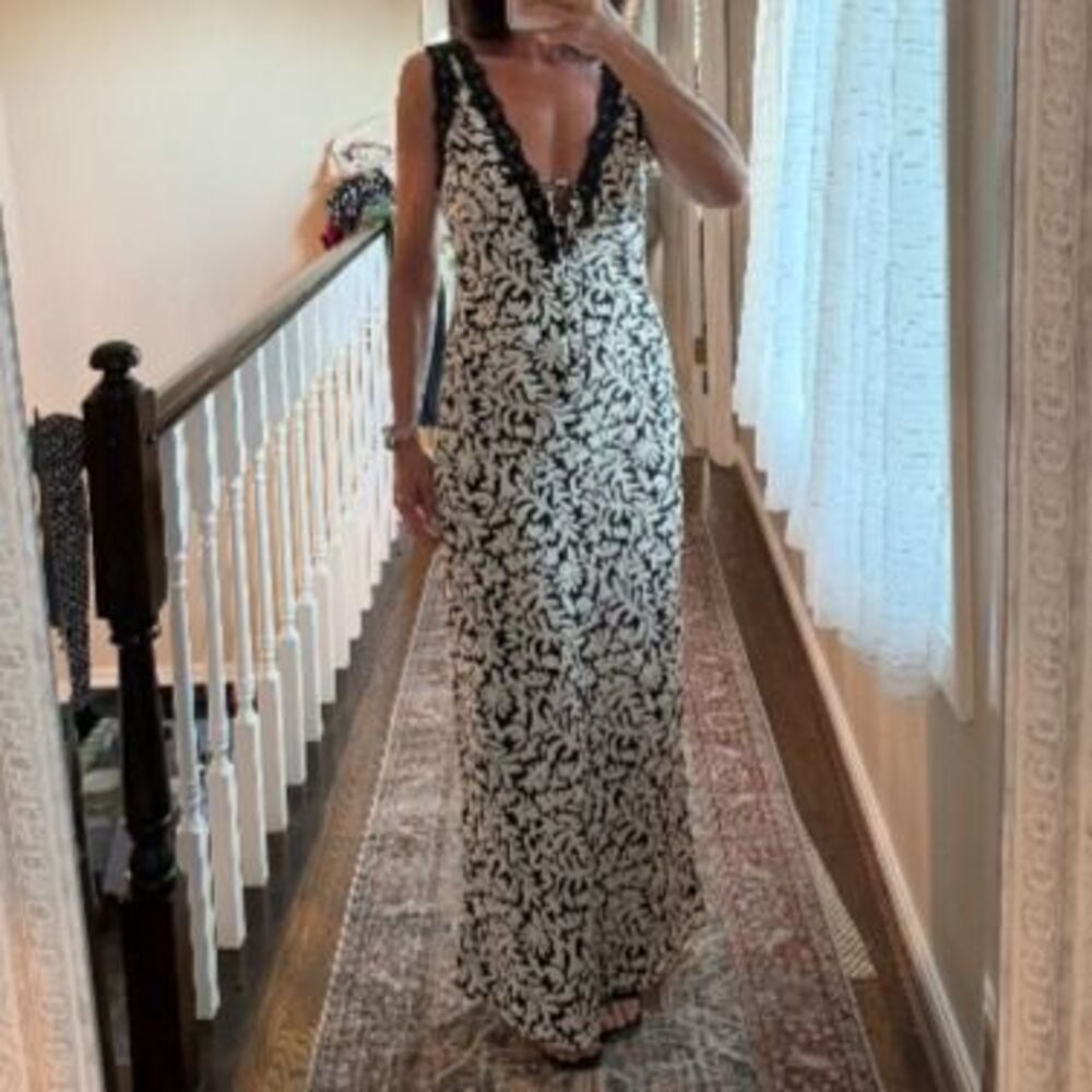 Romantic Bailey Rose Black & White Maxi Dress, Floral Scroll Print, Boho